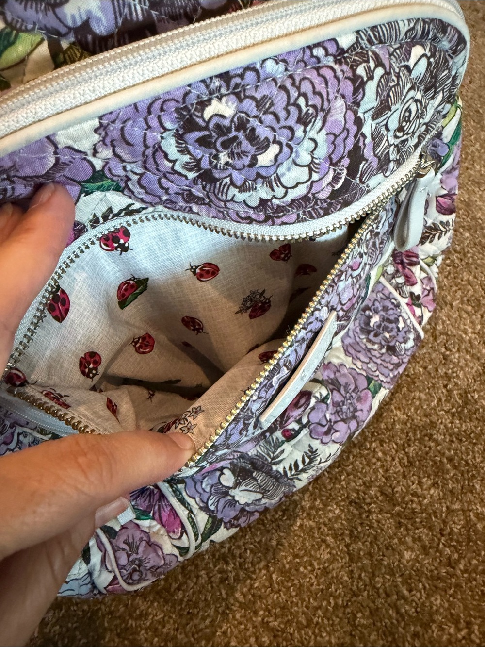 Vera Bradley Purple Floral Quilted Backpack multiple compartments - Picture 9 of 16